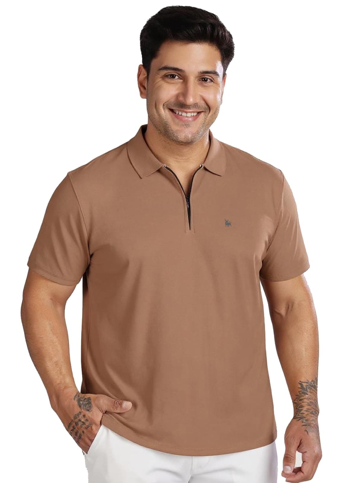 BULLMER Trendy Solid Zipper Collar/Polo Neck Plus Size Tshirt for Men | Men’s Polo T-Shirts in Plus Sizes only