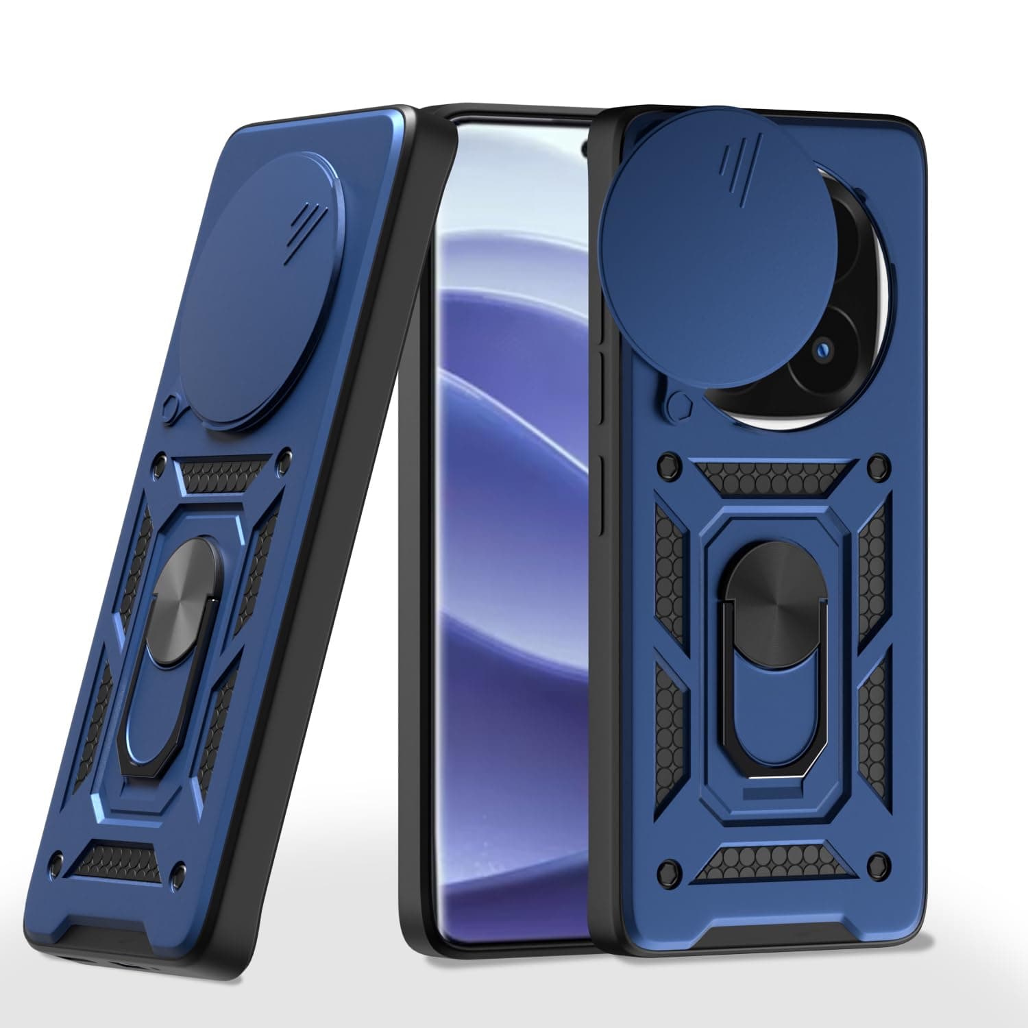 Amazon Basics Back Cover for Redmi Note 14 Pro Plus 5G|360 Protection Case|Sliding Camera Sheild Cover & Ring Holder Stand Back Cover|D10 Tough Armor Bumper Case (Blue)