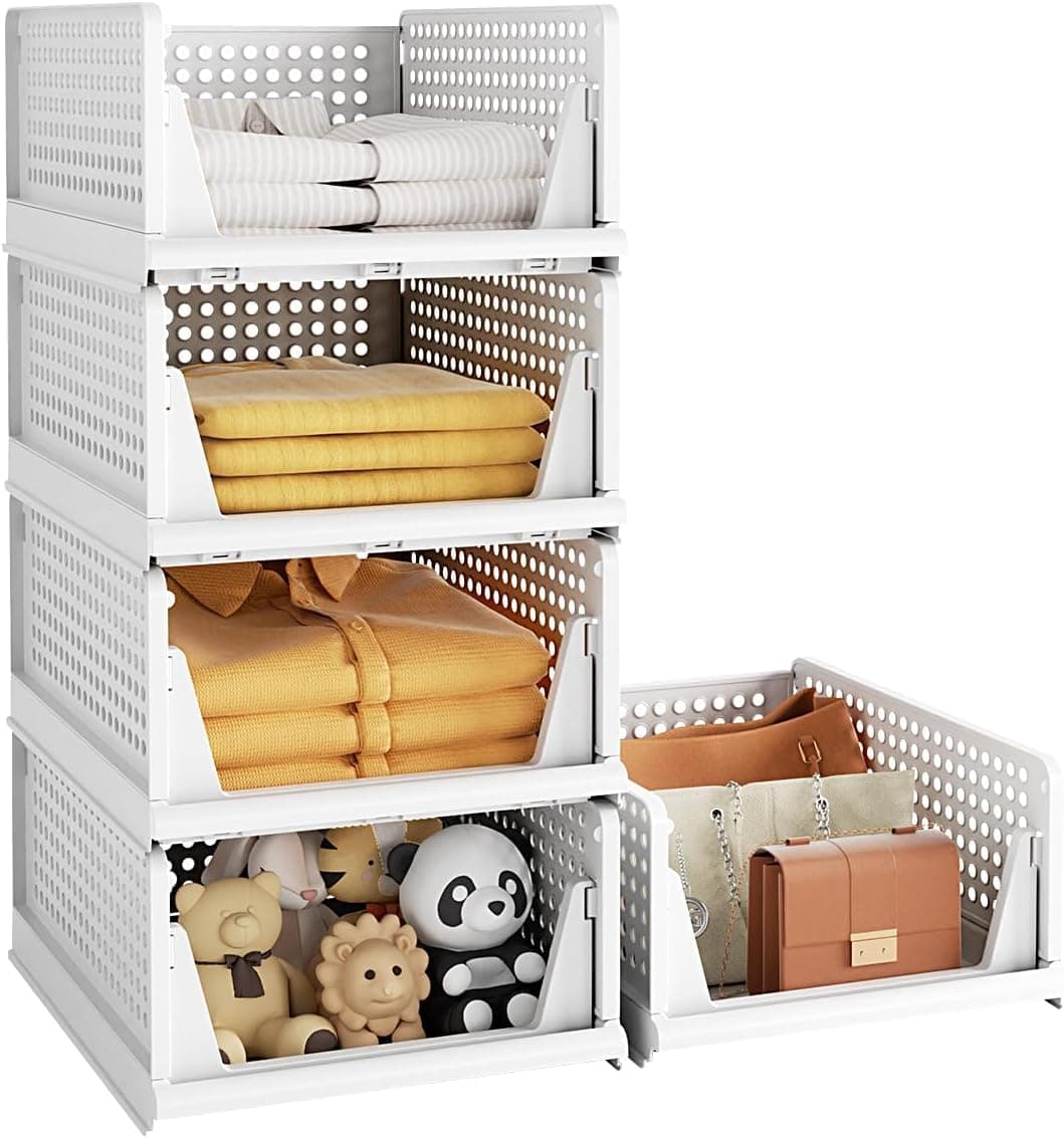 URBAN LUXY Foldable & Stackable Clothes Organizer for Wardrobe |Shirt Storage Stacker for Clothes | 4PCS | White