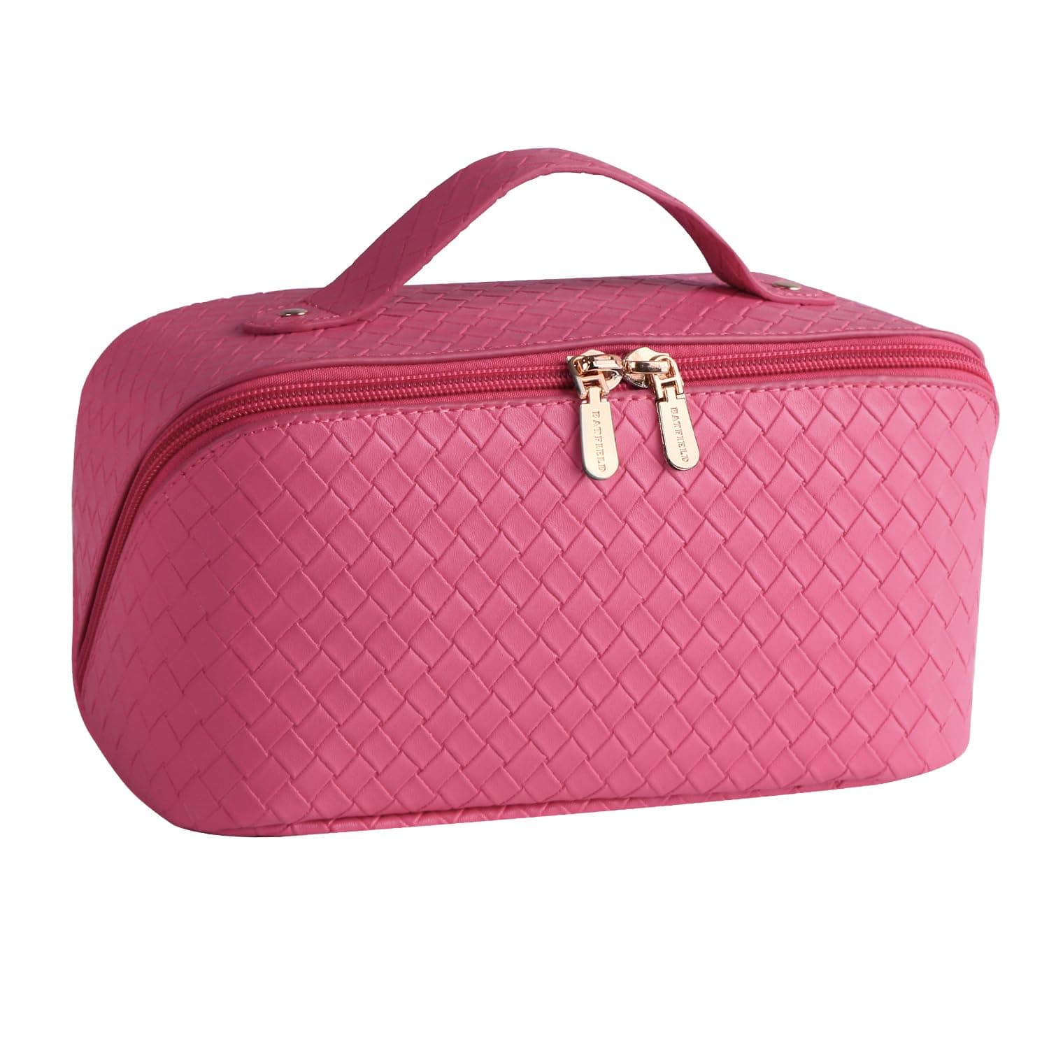 Batfield Cosmetic Bag For Women, Litchi Pu Leather Makeup Pouch For Women, Large Capacity Cosmetic Travel Bag, Portable Makeup Kit Storage Bag With Handle And Divider (Woven Pink), 12 cm