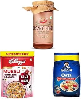 Dabur Raw Organic Honey - 500g || Kellogg's Muesli Fruit Nut & Seeds 750G || Quaker Oats 1Kg, Rolled Oats