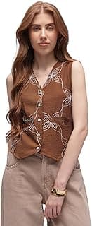 Amazon Brand - INKAST Women Floral Textured Sleeveless Button-Down Vest with Pockets | V-Neck Waistcoat Blouse | Pointed Hem | Tunic Top