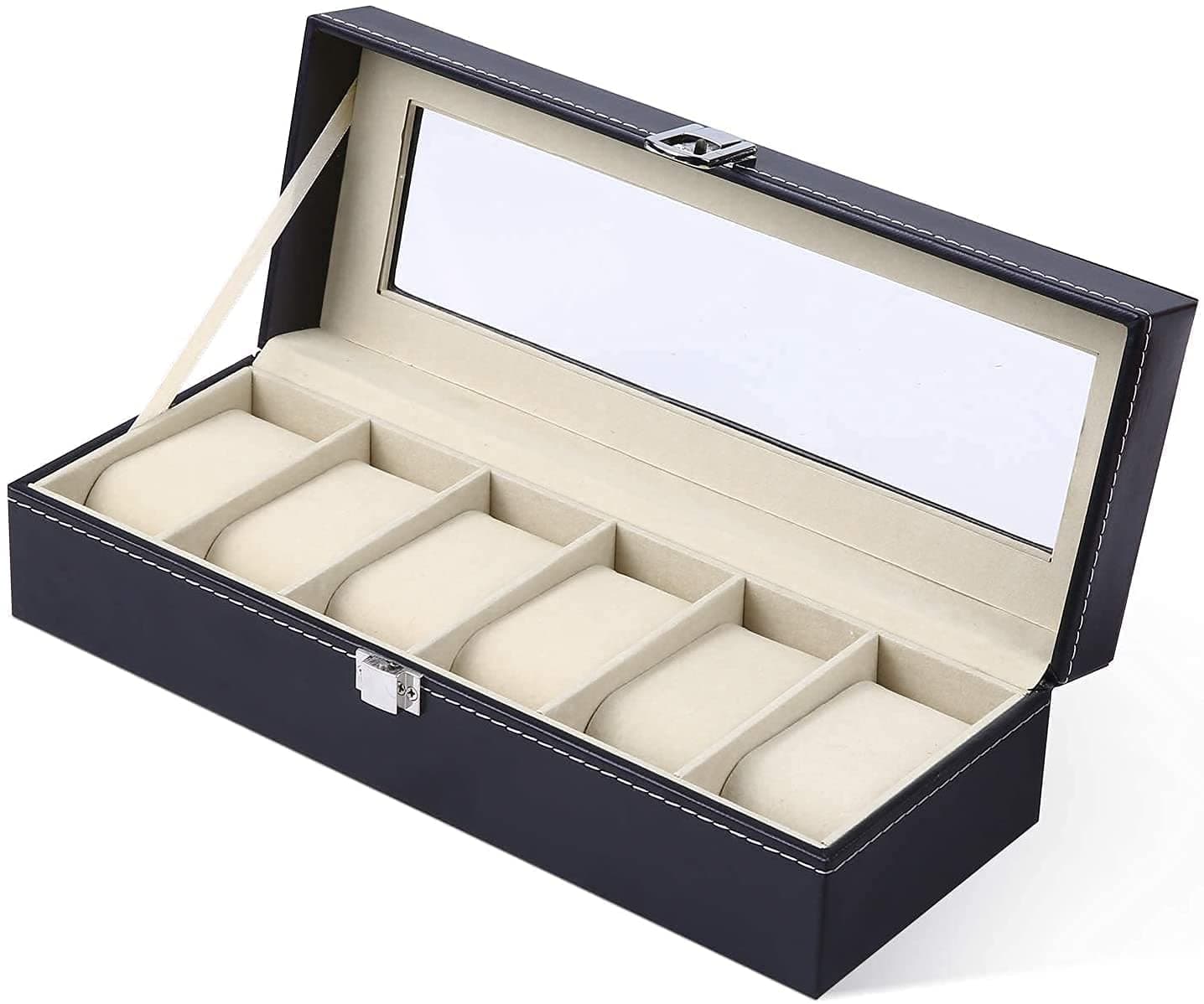 Renesmee 6-Slot Watch Organizer Box Premium PU Leather Storage Case with Transparent Window, Perfect Watch Holder for Organizing Timepieces