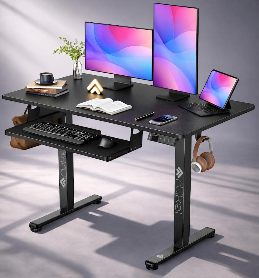ARTIKEL Artidesk Electric Height Adjustable Table for Office Work with Keyboard Tray | Sit Stand Gaming Desk| 80Kg Wt Lift | 2 Headphone Hook Cable Management USB Port (Black, 120x60cm)