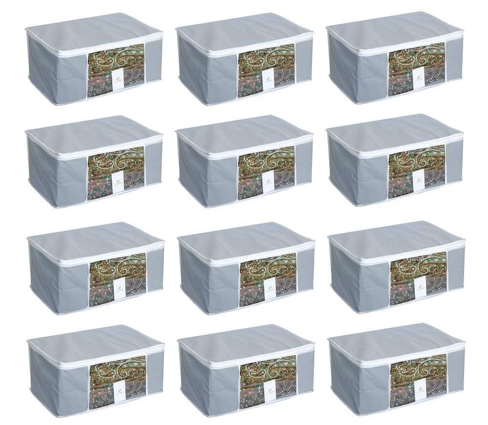 Homestrap set of 12 Foldable Saree Covers/Clothes Storage Bag/Wardrobe Organizer With Transparent Window And Zip For Lehenga, Suit, Dress,& Accessories (Grey)(Featured on Shark Tank), Polypropylene