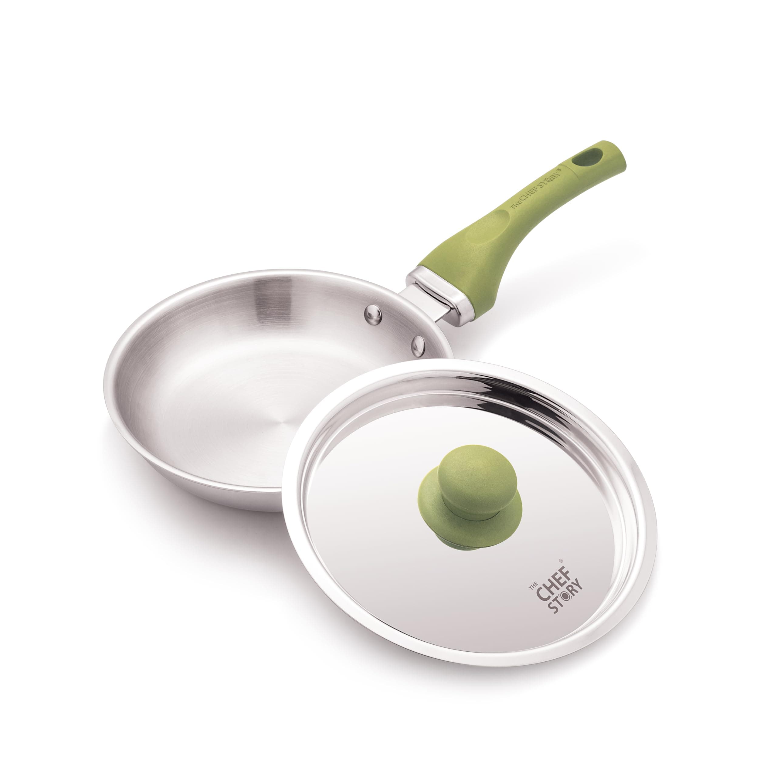 The Chef Story Haptik Triply Stainless Steel Fry Pan with SS Lid | 22cm | SS304 Inner | TUV Rheinland & BIS Certified | Easy-Clean | Gas & Induction Compatible | Silver | 5-Year Warranty
