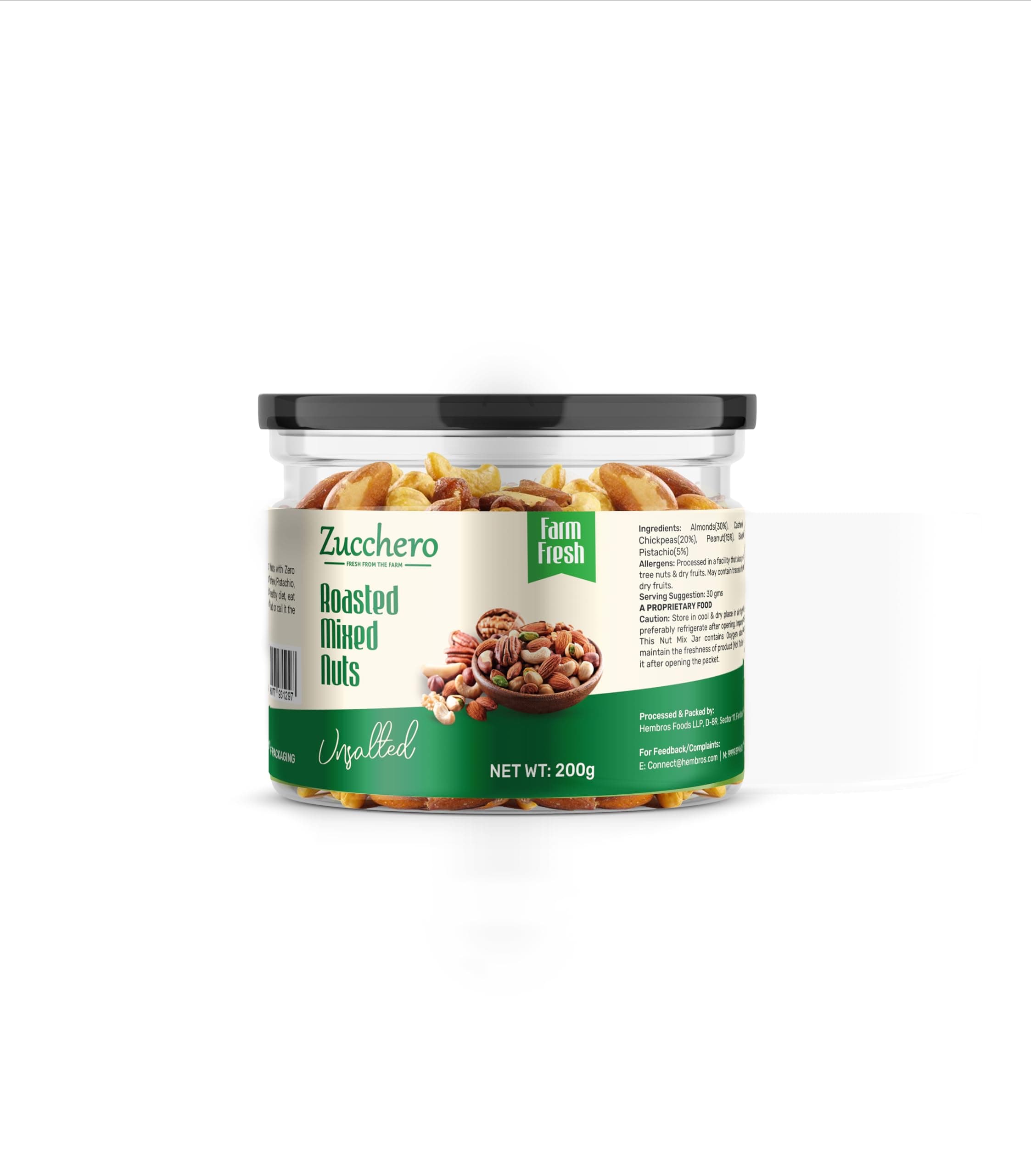 Zucchero Roasted Nut Mix, Unsalted, 200g (California Almond, Cashew (W240), White Chikpeas, Bold Peanuts, Pistachio, Black Raisins) - Oil-Free Roasting | No added Salt | High Protein | Roasted Dry Fruit | Jumbo Quality | Brainy Nuts | Preservative free | Zero Cholesterol
