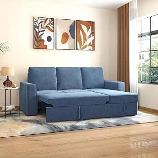 Urban Ladder Kowloon Sectional Sofa Cum Bed with Storage Colour Baltic Blue Premium Chenille