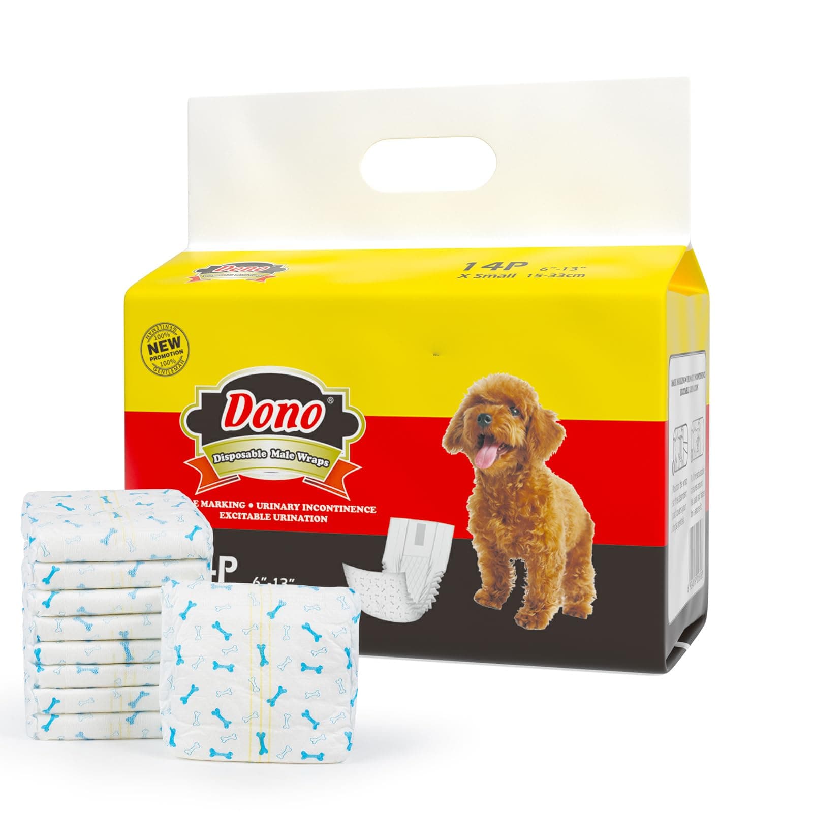Disposable Dog Diapers Male Wrap - Dono，with Wetness Indicator,2017 New,Super Absorbent Diapers for Dogs and Cats,14pcs,XS | Wetness Indicator, Super Absorbent, Leak Protection, Belly Bands for Male Dogs, Excitable Urination & Incontinence