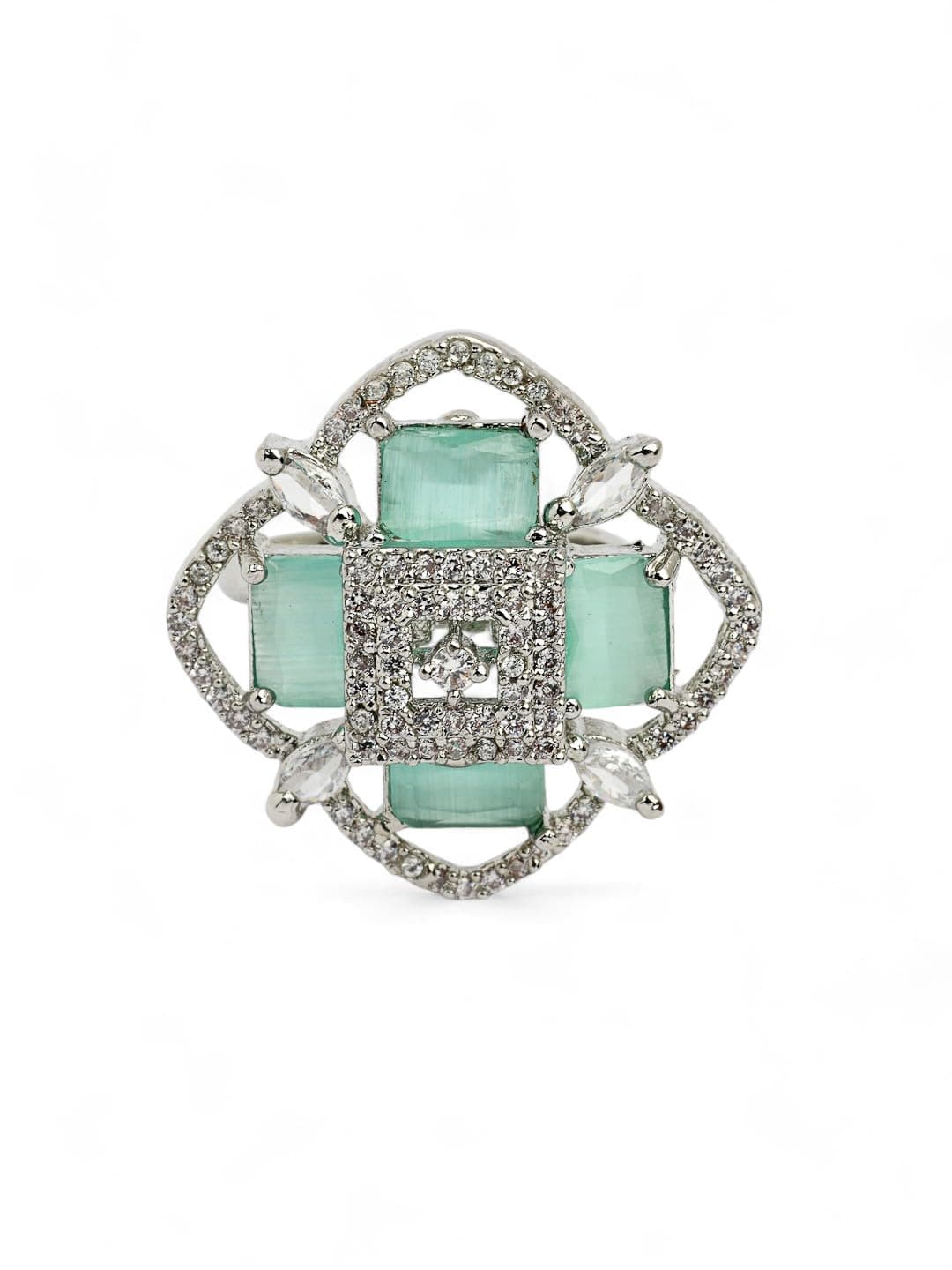 Adiva Sea Green CZ Stone-Studded Brass Adjustable Finger Ring For Women & Girls