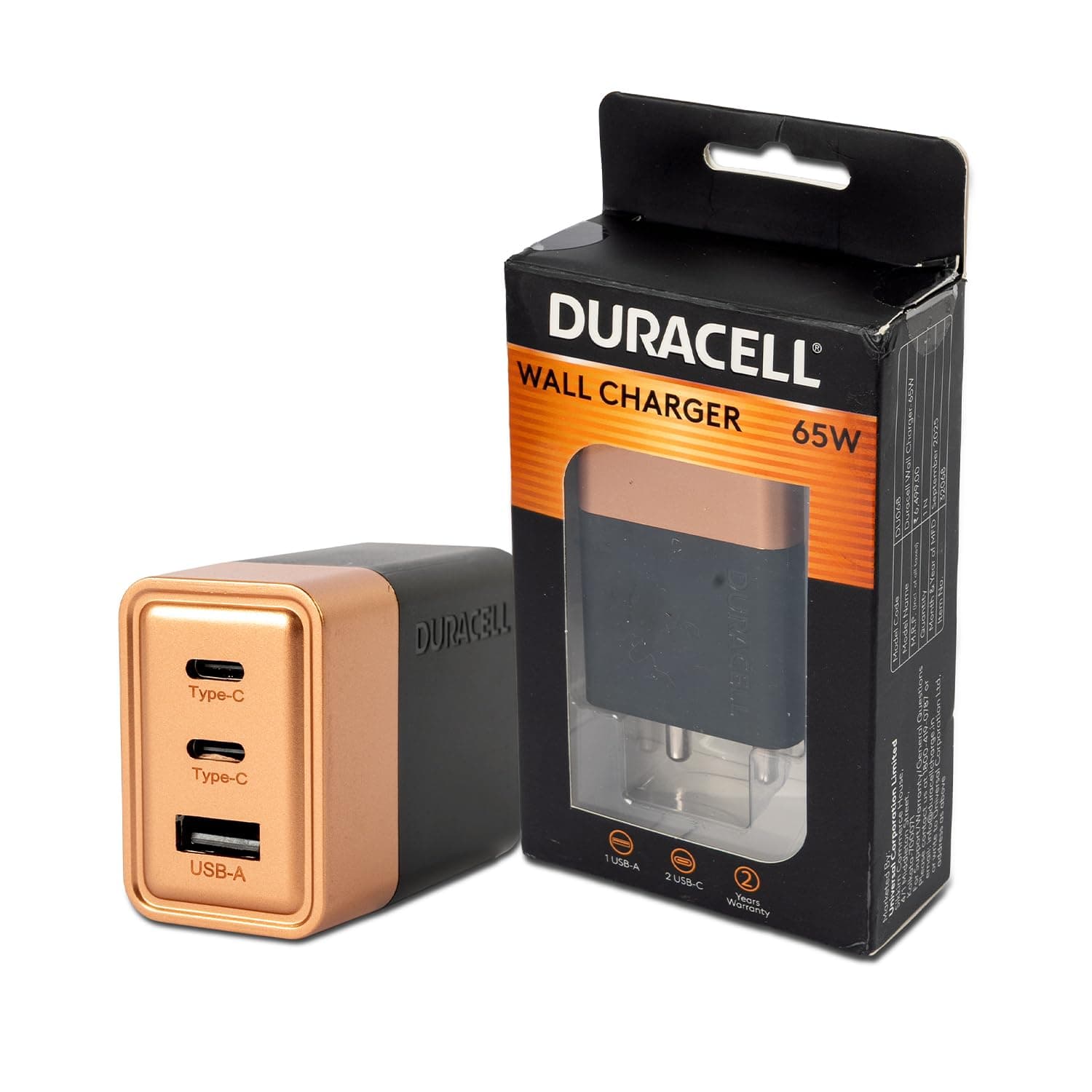 DURACELL 65 Watts Fast Wall Charger Adapter, 3 Port, 1 USB A, 2USB C,Fast Charging Compatible with iPhone, iPad, Samsung Galaxy, Note, Redmi, Mi, Oneplus, Oppo, Vivo Smartphones, DU068