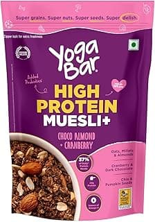 Yogabar High Protein Muesli 350g | 23g Protein per 100g | With Probiotics | Easy on gut | Choco Almond +cranberry | Protein Snack | High Fiber Food | Breakfast Cereal