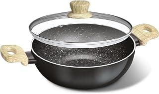 BERGNER Bellini Plus Aura 5-Layer Non-Stick 32cm Kadai with Glass Lid, 7.6 litres Kadhai with Soft Touch Wooden Finish Handle, Thickness 3.2mm, Induction Base and Gas Stove Ready - Black