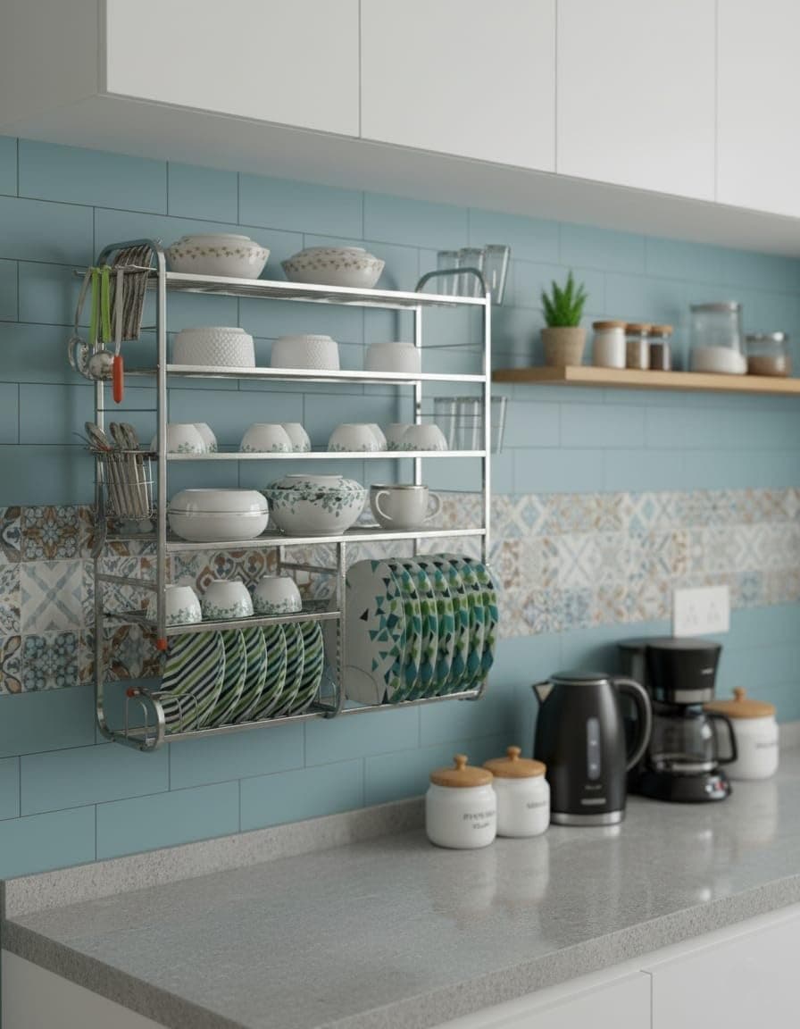 Homify Wall Mount 6 Shelf Kitchen Dish Rack | Stainless Steel Utensil Stand with Plate & Cutlery Holder (36 X 30 Inches) | Kitchen Shelves Organizer | Hanging