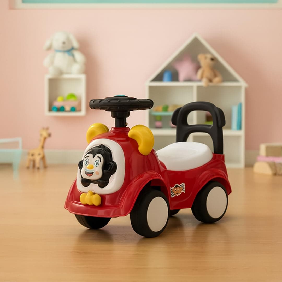 Amazon Brand - Jam & Honey Ride on & Car for Kids with Music & Horn Steering, Push Car for Baby with Backrest, Safety Guard, Under Seat Storage & Big Wheels, Ride on for Kids 1 to 3 Years (Red)