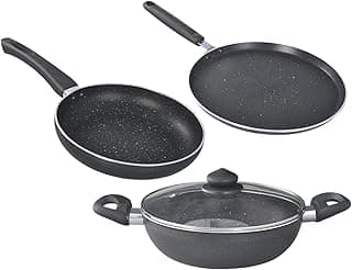 Prestige Omega Deluxe Granite Aluminium 3 Pcs Set- Tawa, Fry Pan & Kadai with 1 Glass Lid|Non-Stick|Spatter-Coated Surface|Induction & Gas Compatible|Black