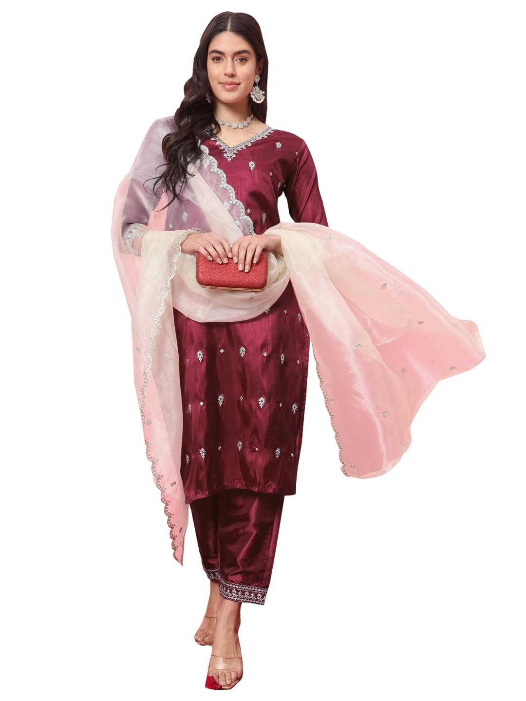 VredeVogel Women's Silk Blend Kurta Pant Set with Organza Heavy Embroidery Dupatta
