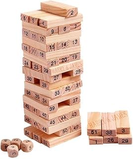 HARRY & JAMES Wooden Building Blocks Puzzle Game 54 Pcs Challenging 4pcs Dice Wooden Blocks Stacking Game Maths,Tumbling Tower 54 Pcs with 4 Dices Game for Adults & Kids.