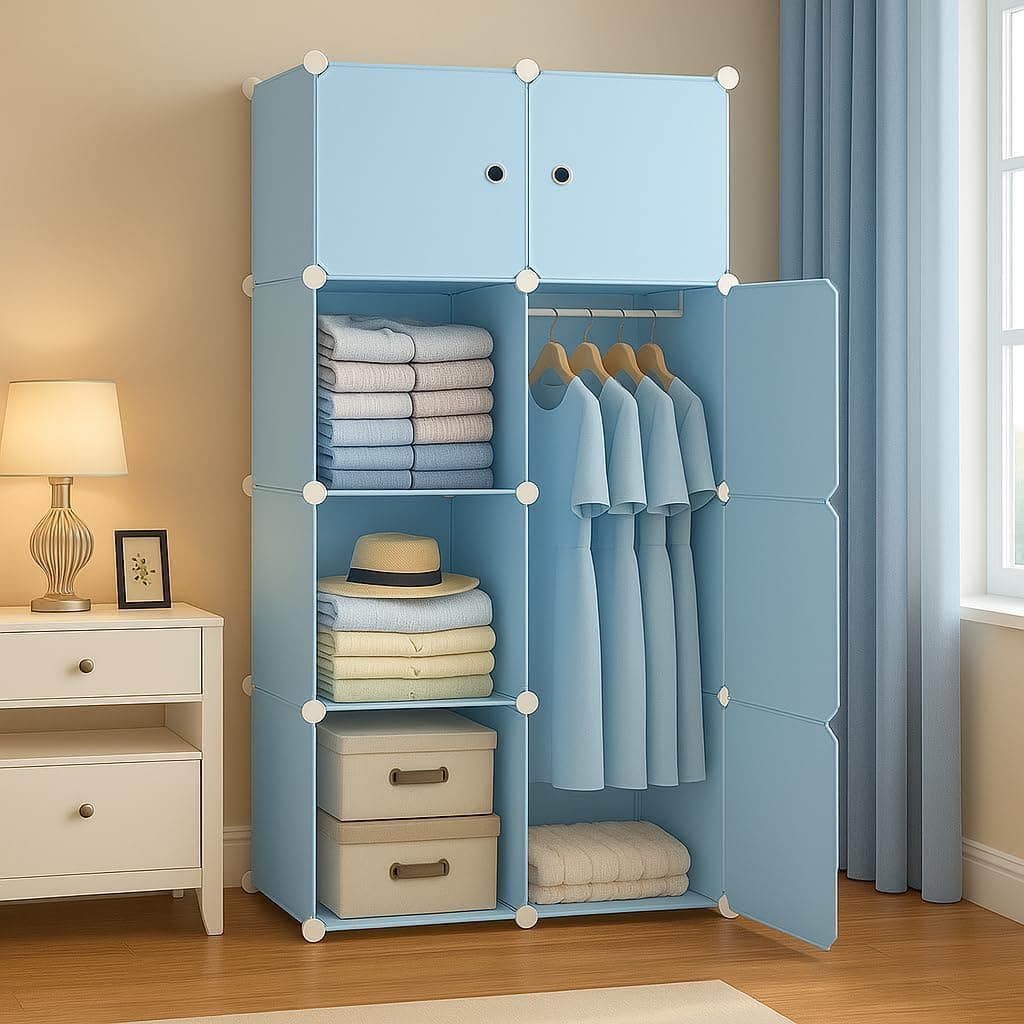 Sunderlook Plastic Wardrobe for Kids Clothes – Professional Collapsible Wardrobe, Easy to Use Foldable Almirah, Plastic Cupboard for Kids for Home (Blue-Z3, 8 Door)