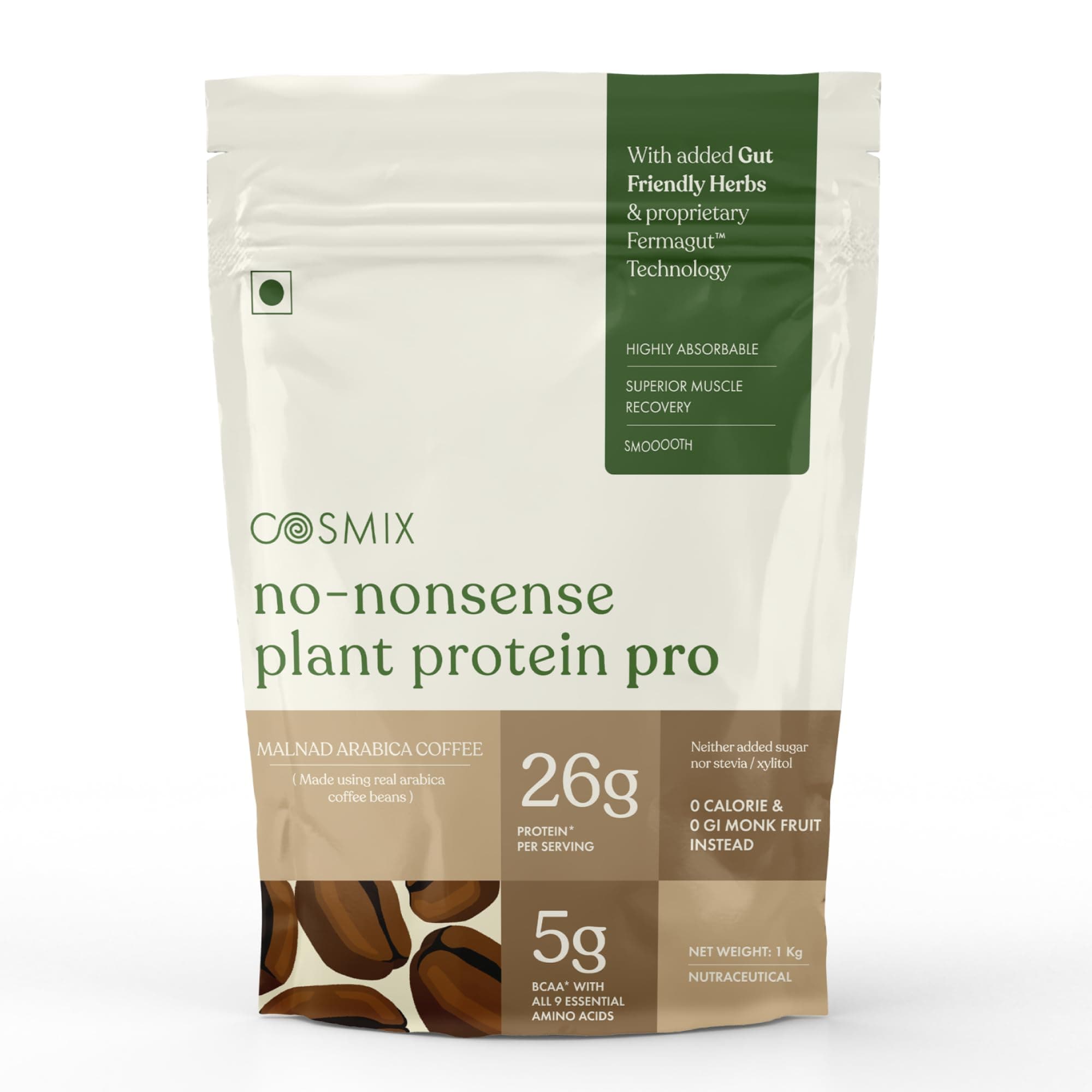Cosmix No-Nonsense Plant Protein PRO 26g Protein | Yeast Protein & Pea Protein Blend | Malnad Arabica Coffee, 1Kg Pouch x 1 | Clean, Easy to Digest