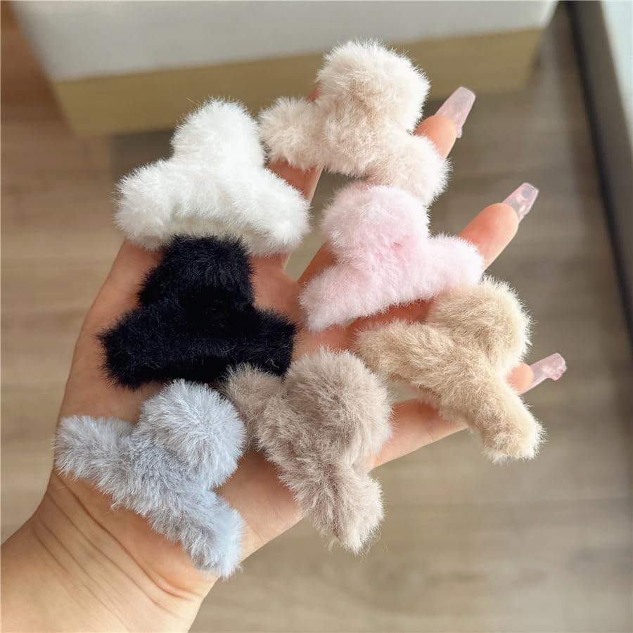 Faux Fur Hair Claw Clip 2.2 Inch, Small Fuzzy Fluffy Hair Clip for Women Girls, Mini Preppy Winter Claw Clip for Thick Thin Hair, Soft Faux Fur Hair Accessories, 4 Pcs - Multicolor