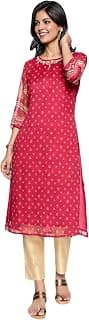 W for Woman Dark Pink Printed Silver Chiffon Straight Kurta