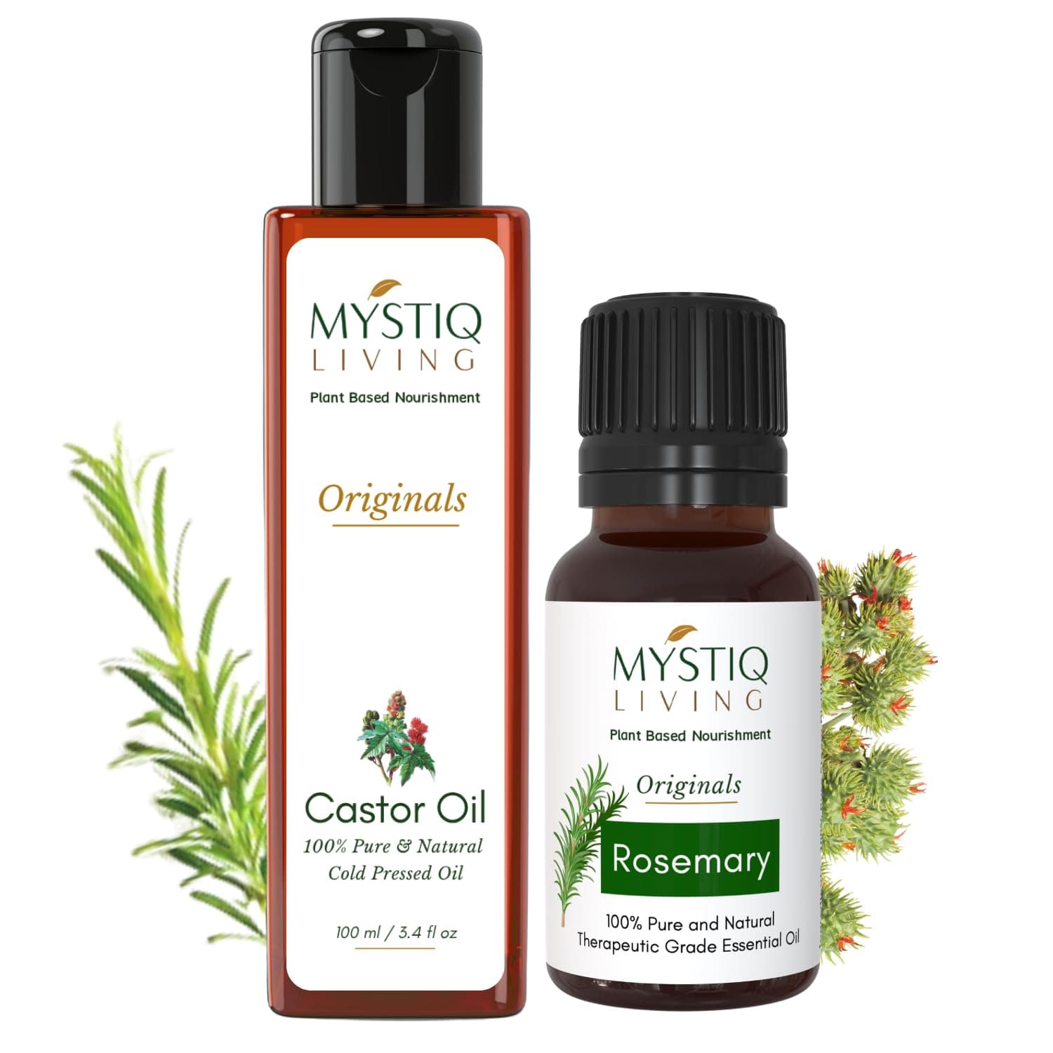 Mystiq Living Rosemary Essential Oil & Castor Oil for Hair Growth, Hydrating & Moisturising for Face & Skin | 100% Pure and Natural (100ml+15ml)