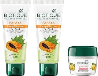 Biotique Bio Quince Seed Nourishing Face Massage Cream, 175g & Biotique Papaya Deep Cleanse Face Wash For Visibly Glowing Skin All Skin Types 2x100ml