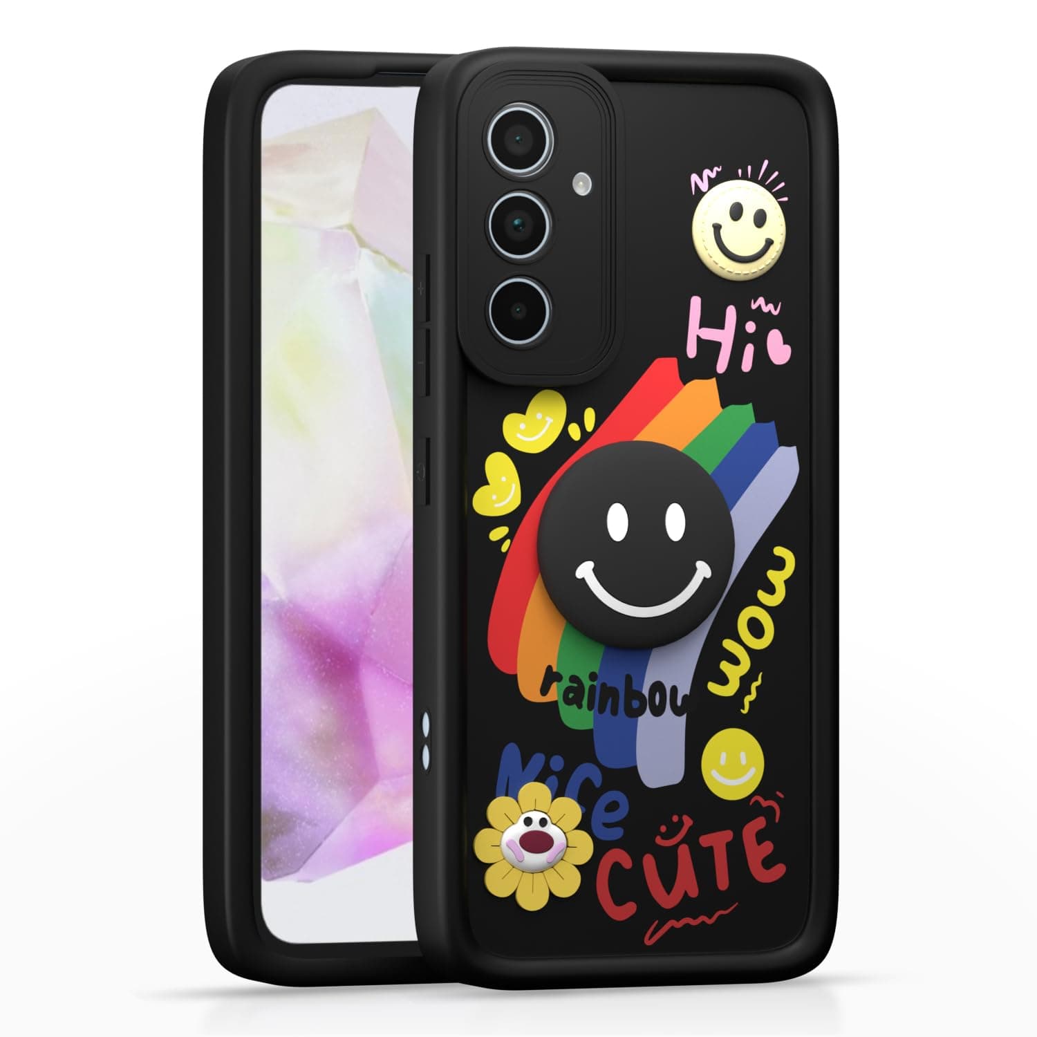 Amazon Basics Back Cover for Samsung Galaxy A35 5G | Cute 3D Cartoon Rainbow Smile Flower | Raised Camera Protection | Shockproof Soft Silicone Bumper Case (Black)