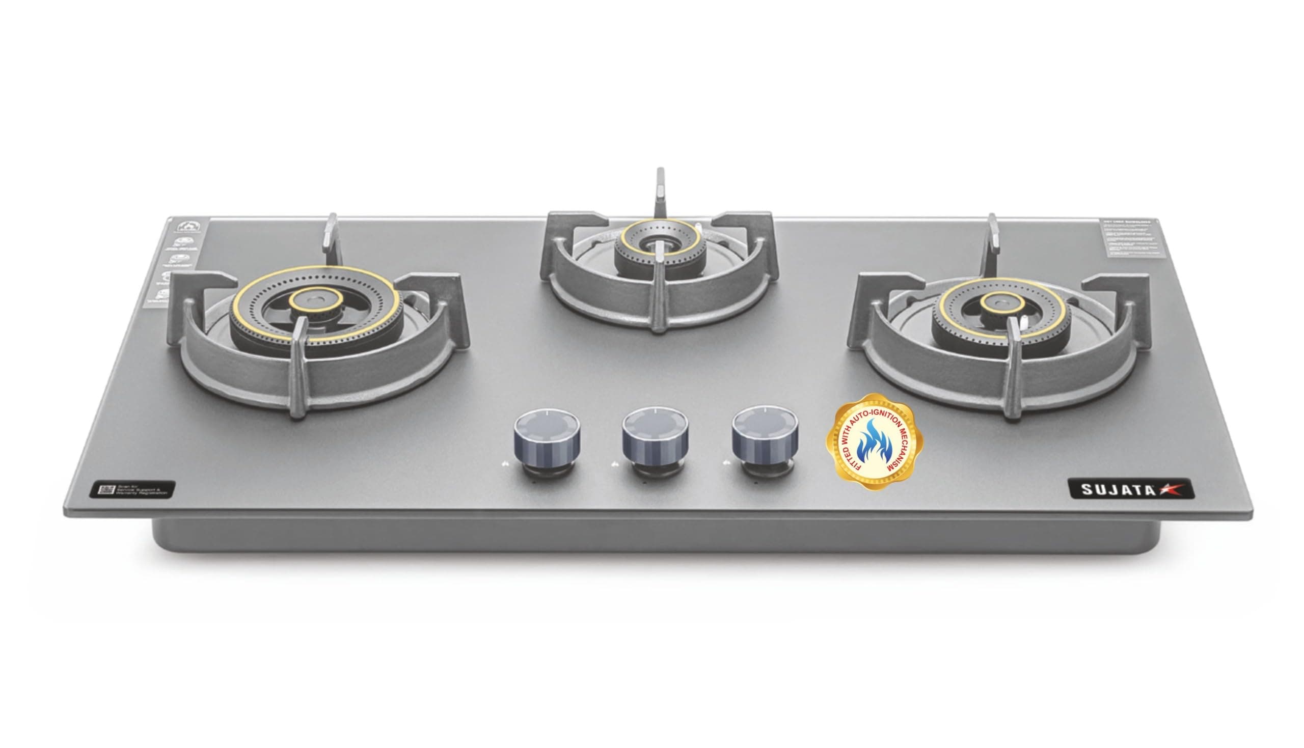 Sujata 3 Burner Gas Stove Glass Top | 5 Years Warranty | Auto Ignition Gas Stove 3 Burner, CookTop cum Hob Top 3 Burners, LPG & PNG Compatible, Brass Burner (Palladium FFD Auto Ignition - Black)