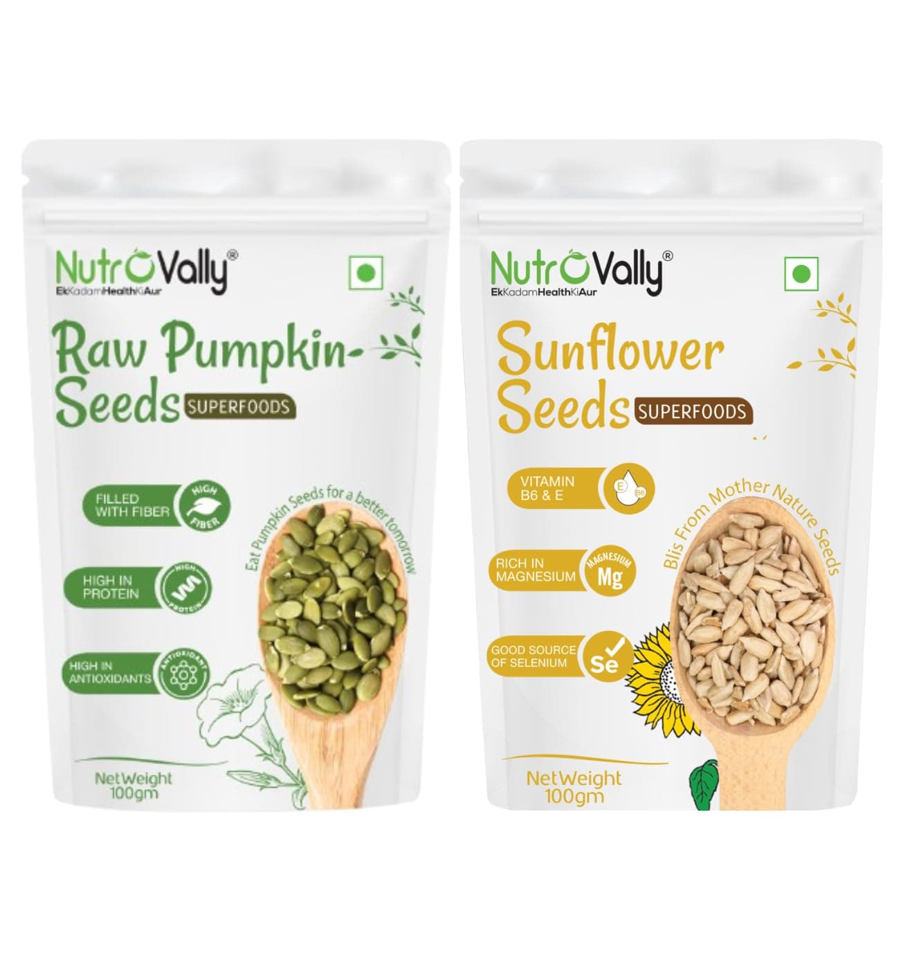 NutroVally Premium Pumpkin Seeds & Sunflower Seeds Combo | Natural Superfood Rich in Protein, Fiber, Omega-3 & Antioxidants | Ideal for Snacking, Salads & Healthy Recipes | 100g Each (Pack of 2)