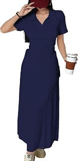 Shasmi Women’s Solid Color Applique Lace-Up Collared Short Sleeve, Side-Tie Waist Long Casual Maxi Women Dress Outfit Long Evening Midi Western Party Dress for Women (Dress 211)
