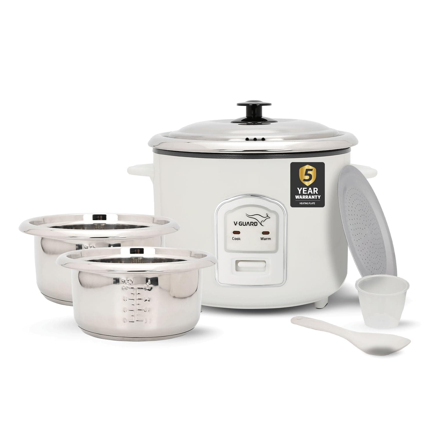 V-Guard VRCS 1.8-Litre Electric Rice Cooker with 700 W Power, 2 Pots, Spatula, Rice Separator | 5-Year Heating Plate & 2-Year Product Coverage by V-Guard | Automatic Cooking with Double-Layer Body & Cool Touch Handles