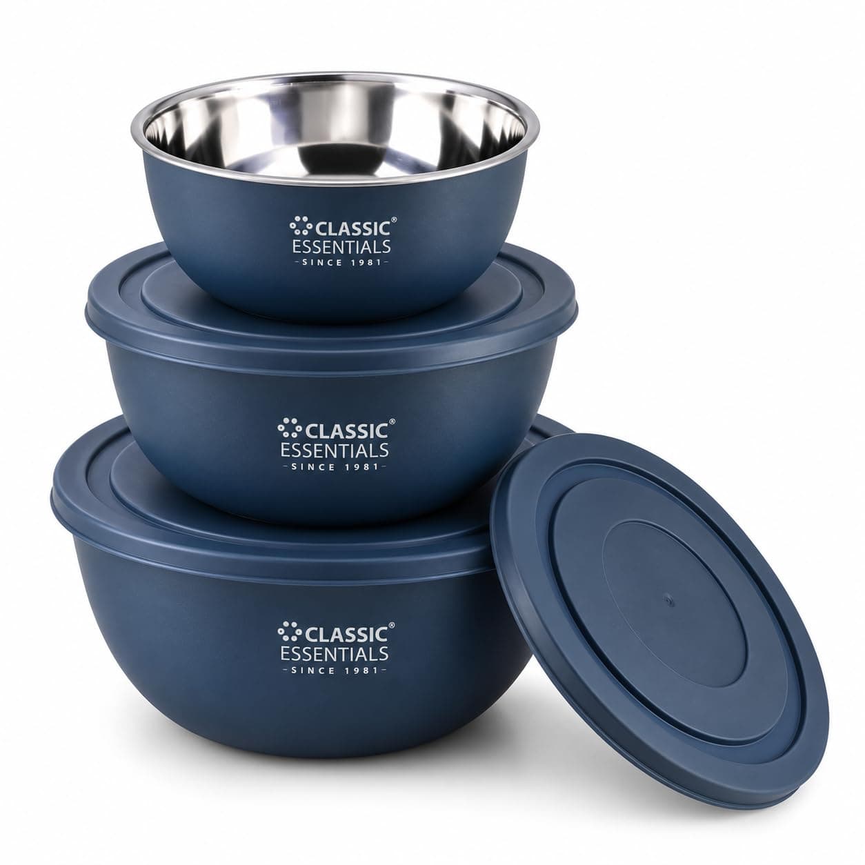CLASSIC ESSENTIALS Stainless Steel Microwave Safe Mixing Bowls Set with Lids | Bowl Set of 3, (500 ml, 750 ml & 1250 ml) | Food Serving & Storage Containers | Scratch Resistant | Navy Blue