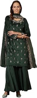 Aurelia Green Solid Straight Kurta, Plazzo & Dupatta for Women