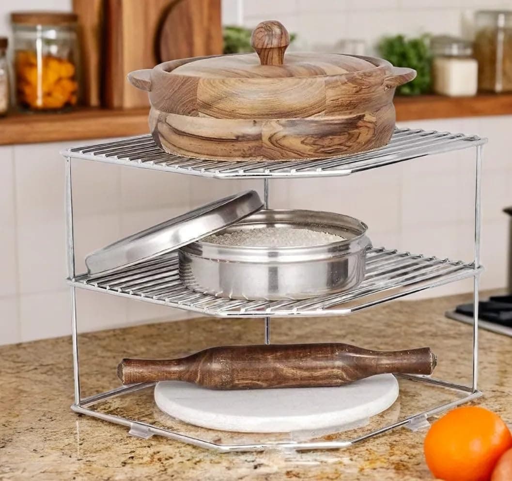 Homify Stainless Steel 3-Tier Countertop Storage Rack For Corners, Multipurpose Stainless Steel Kitchen Plate Dish Corner Rack Stand Holder, Corner Shelf