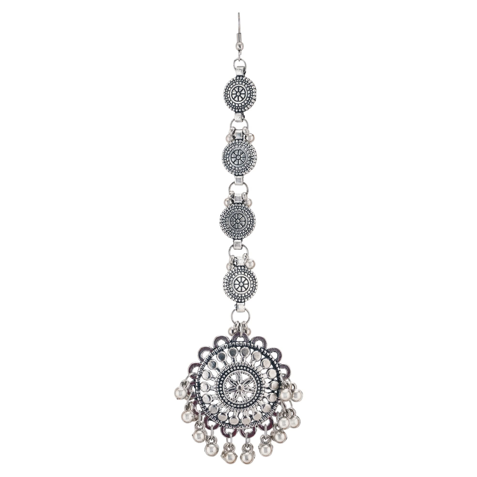 Shreyadzines Silver Plated Traditional Pearls Embellished Statement Design Oxidized Maang Tikka/Maang Tika for Women and Girls Pack of 1