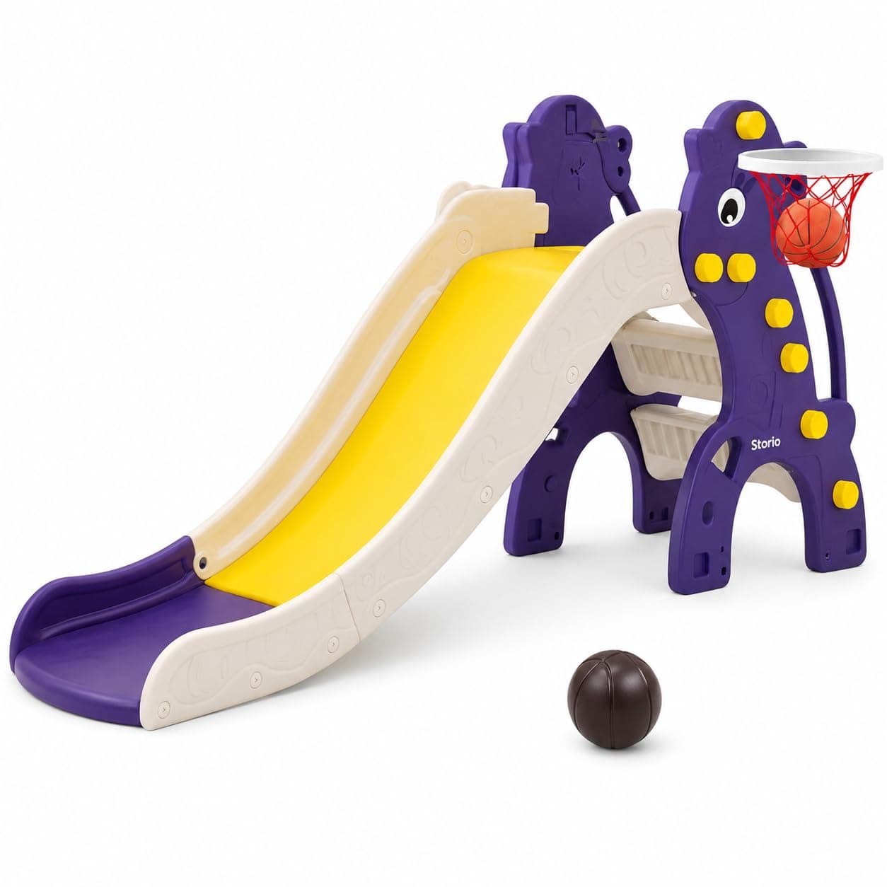 Storio Big Slide for Kids with Basketball Hoop | Large Indoor Outdoor Toddler Climber Playset for 2+ Years | Safe & Sturdy Plastic Garden Slide Toy for Boys & Girls – Purple