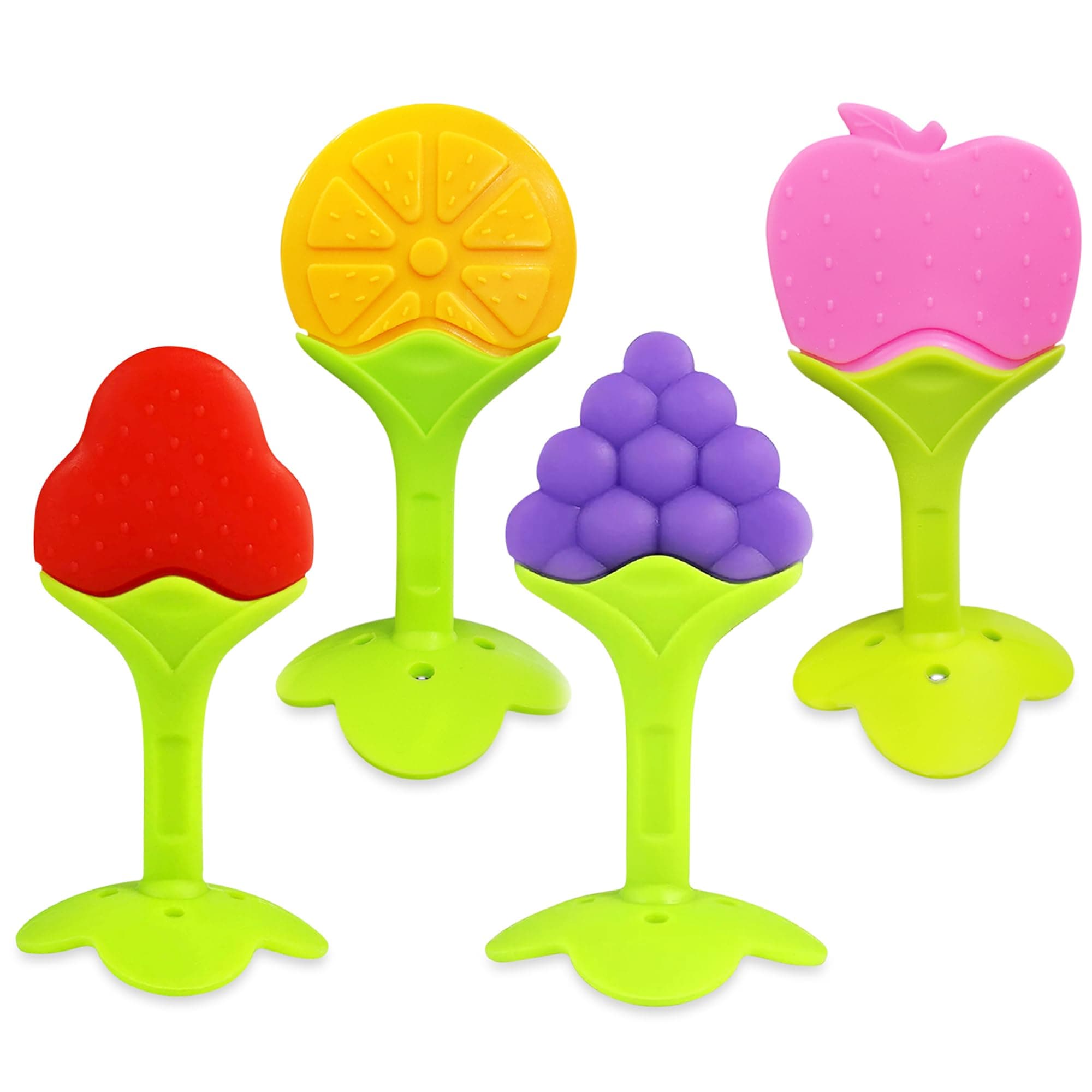 GLUN® Pack of 4 Silicone Baby Fruit Teether Toys for 5-12 Months, BPA Free Soft Chew Teethers for Babies, Strawberry Orange Grape Apple Shapes, Infant Gum Massager & Sensory Teething Toy