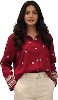 VINCHIC Women Rayon Embroidered Shirt – Long Sleeve Button Down Top with Floral Embroidery, Casual Office Wear Blouse(Maroon)