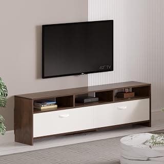 BLUEWUD Mannsae Engineered Wood Floor TV Cabinet/Entertainment Unit/Set Top Box Stand/TV Table Panel with Shelves for Books & Décor Display Unit Living Room Upto 65 Inches - DIY (Brown Maple & White)