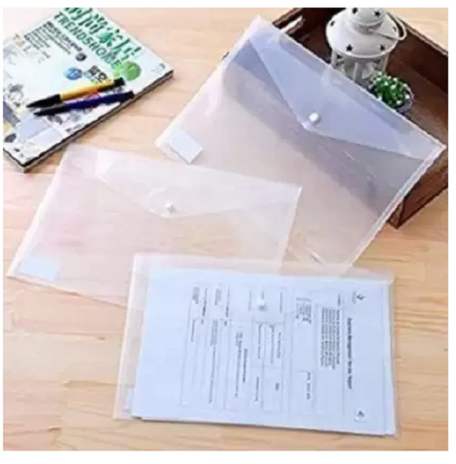 Peeplvalue Pack of 50 Heavy Duty A4 Size Side Button Document Storage Bag Snap Button Organizer, My Clear Plastic Container, Stationery Transparent File folders for Document