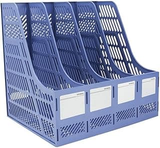 Pranij Desktop Bookshelf Magazine Organizer 4 Compartment Plastic Frames File Holder Dividers Document Cabinet Rack Storage Box For Office Home School (Blue) - Tabletop, Step Shelf