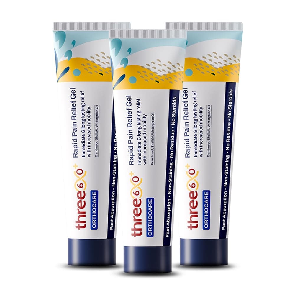 three60+ Rapid Pain Relief Gel for Joint & Muscle Comfort | Erandmool, Nirgundi, Shallaki & Wintergreen Oil | Fast-Absorbing, Non-Staining | 50 g Pack of 3