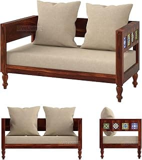 VeLivings Solid Sheesham Wood 2 Seater Sofa for Living Room Home and Office | Wooden Sofa Set Two Seater with Antique Ceramic Tiles Design (Beige Color Fabric Cushion, Honey Brown Finish)