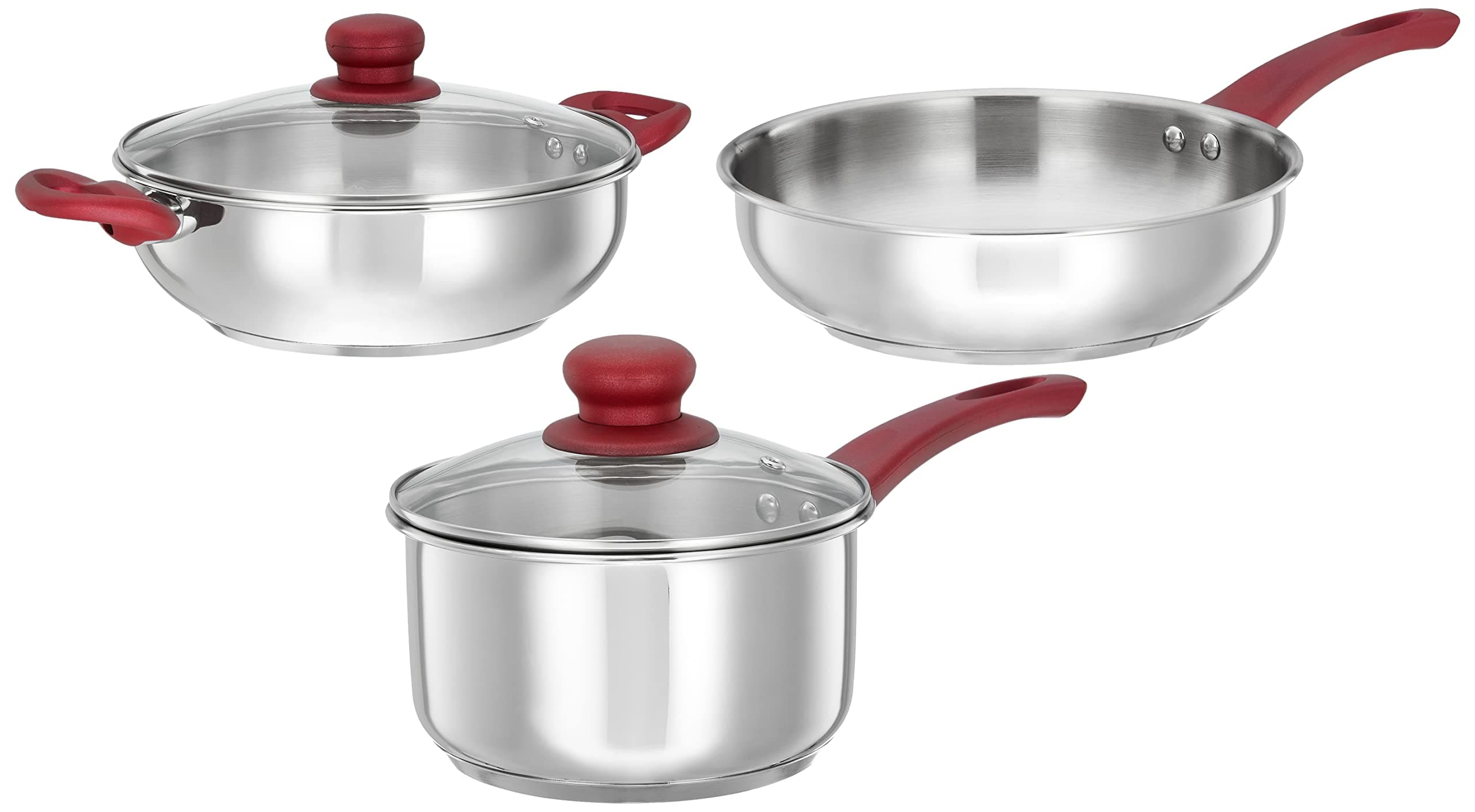 Amazon Brand - Solimo Stainless Steel 3 Piece Cookware Set | Three Layer Impact Forged Heavy Bottom for Durability | Soft Touch Handles & Knob | 2200, 1700, 3000 ML | Silver|Induction and Gas Stove Compatible