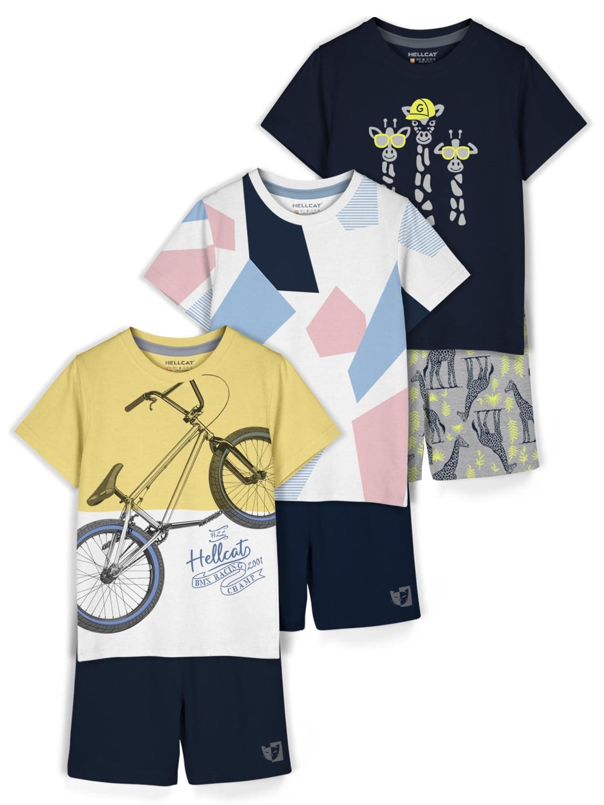 HELLCAT Boys Dress Clothing Set Combo with Tshirts & Shorts - Pack 3
