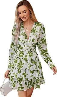 Leriya Fashion Women’s V-Neck Floral Print Ruffle Long Sleeve A-Line Mini Dress | Elegant Casual Party Outfit | Lightweight Layered Summer Wear