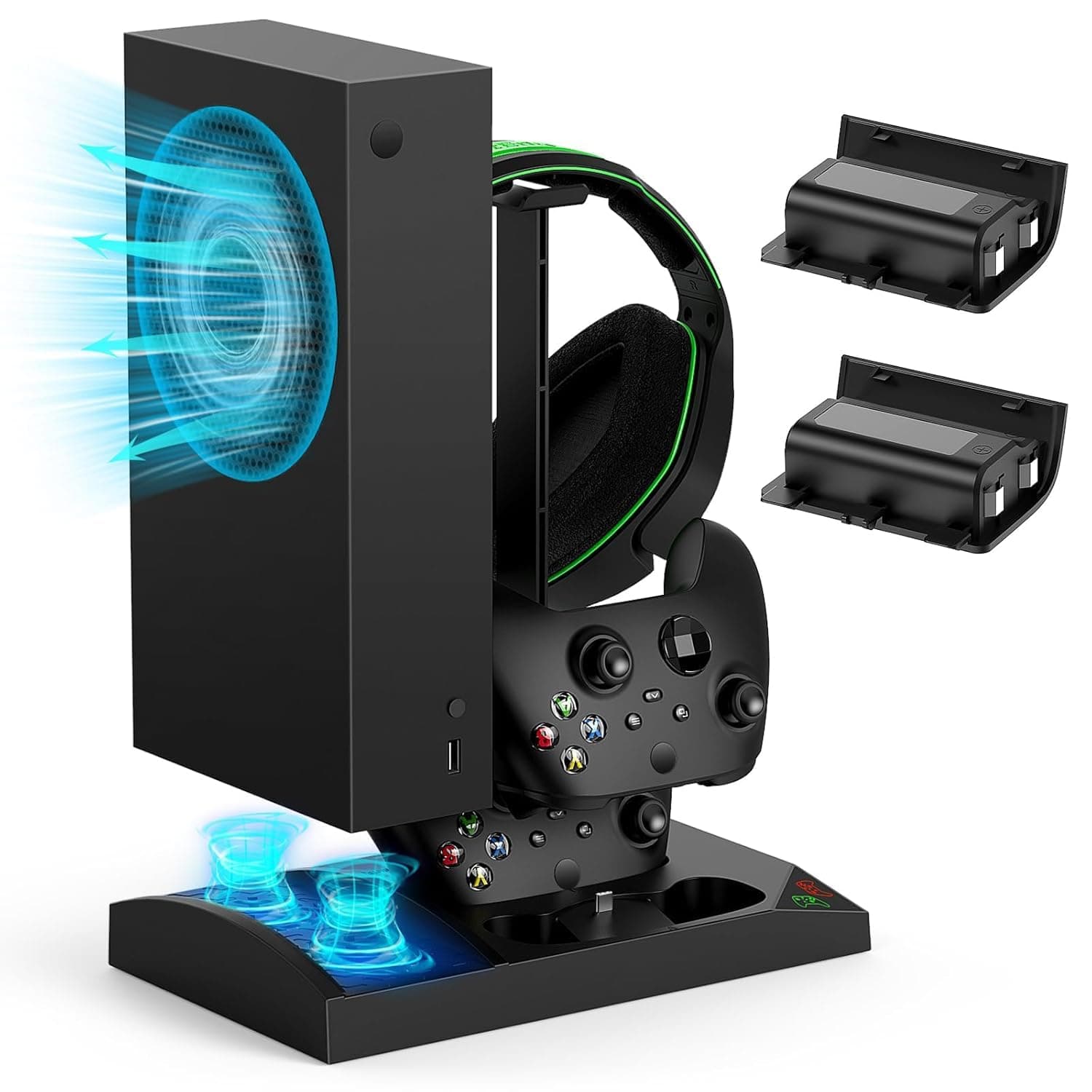 New World Cooling Fan with Charging Stand for Xbox Series S Console and Controller, Dual Charger Dock Accessories with 2 x 1400mAh Rechargeable Battery and Cover, Headphone Mount for Xbox Series S