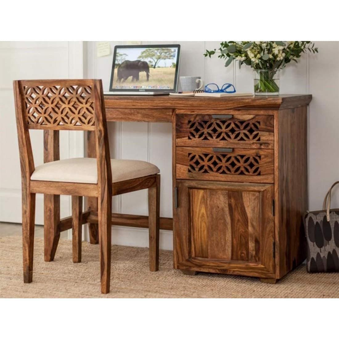 Jangid Handicraft Solid Sheesham Wood Study Table with Chair | Computer Table with Chair for Home | Wooden Writing Desk | Work from Home Table with 2 Drawers & 1 Door Cabinet Storage | Brown Finish